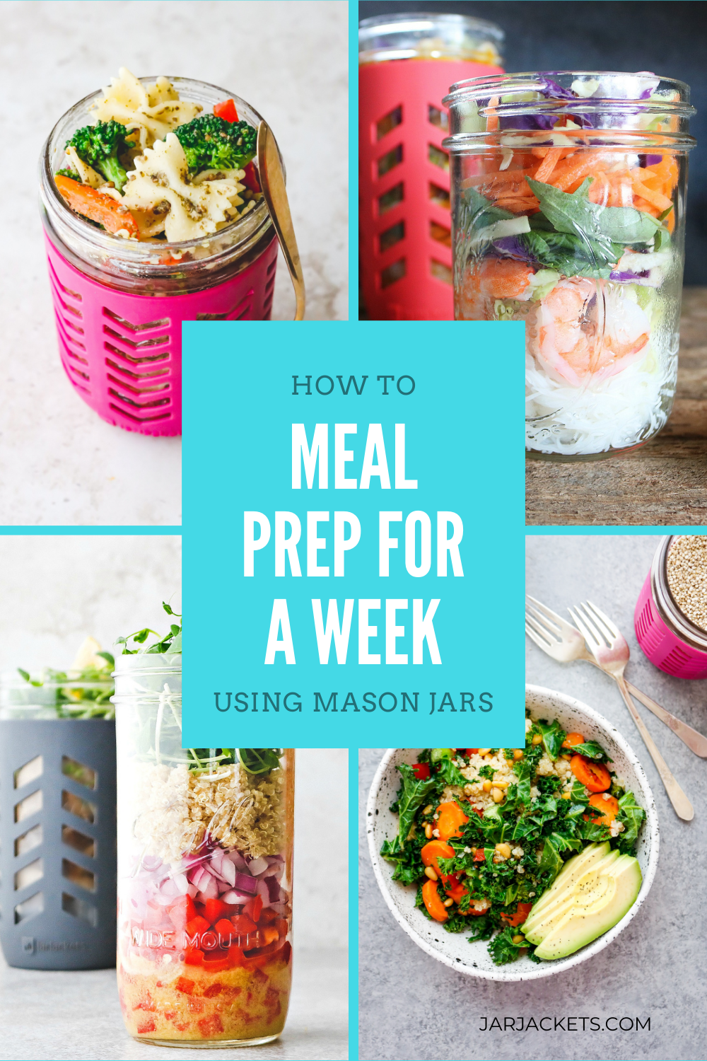 4 mason jars filled with pre-prepped lunches.